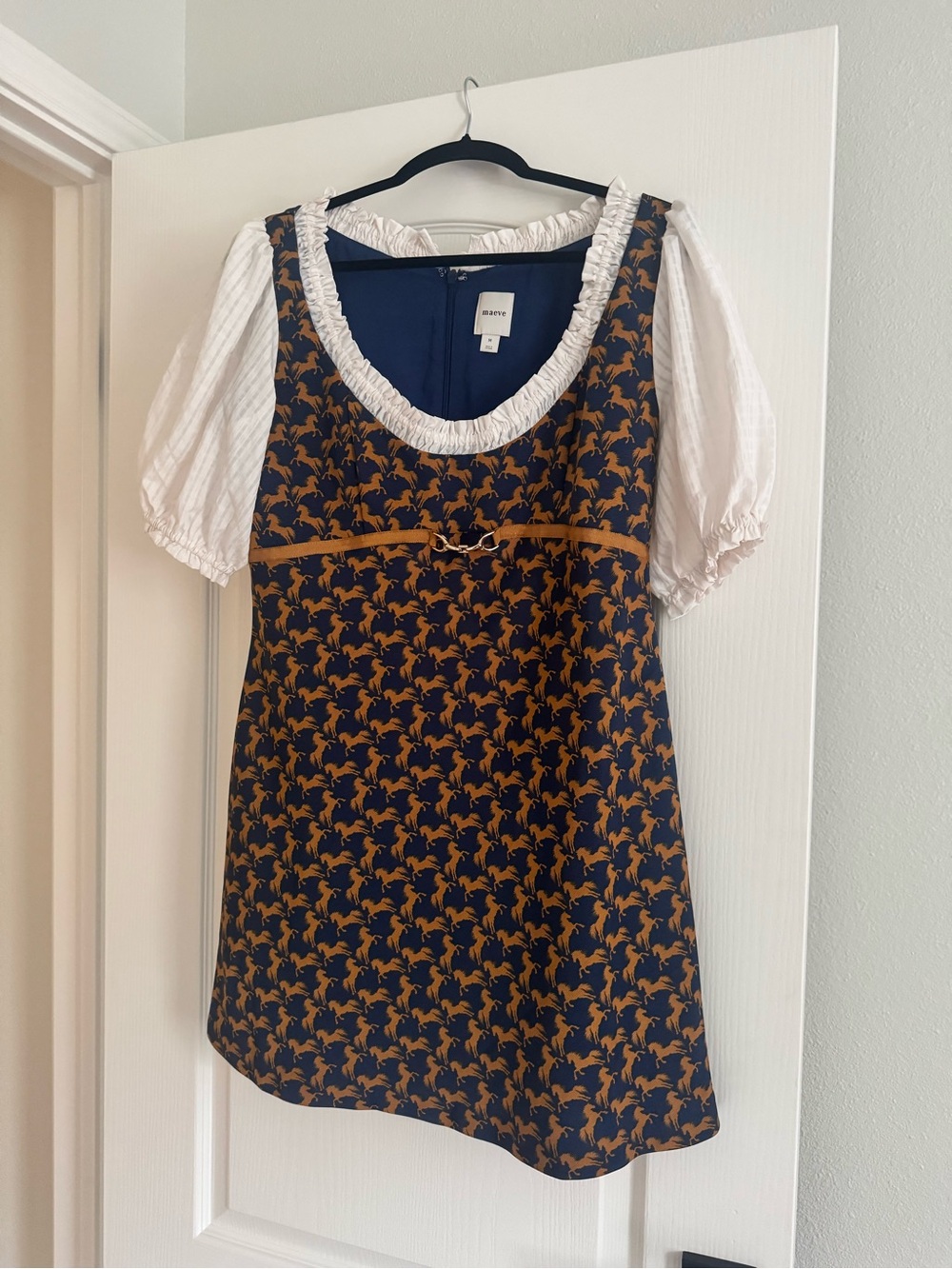 Maeve Navy and Mustard Horse-Print Dress with White Puff Sleeves- Western